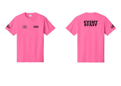 NYC Factory Custom Logo Event Staff T-Shirt - EVENT STAFF + Your Logo + Back + US Flag Sleeve - Neon Pink