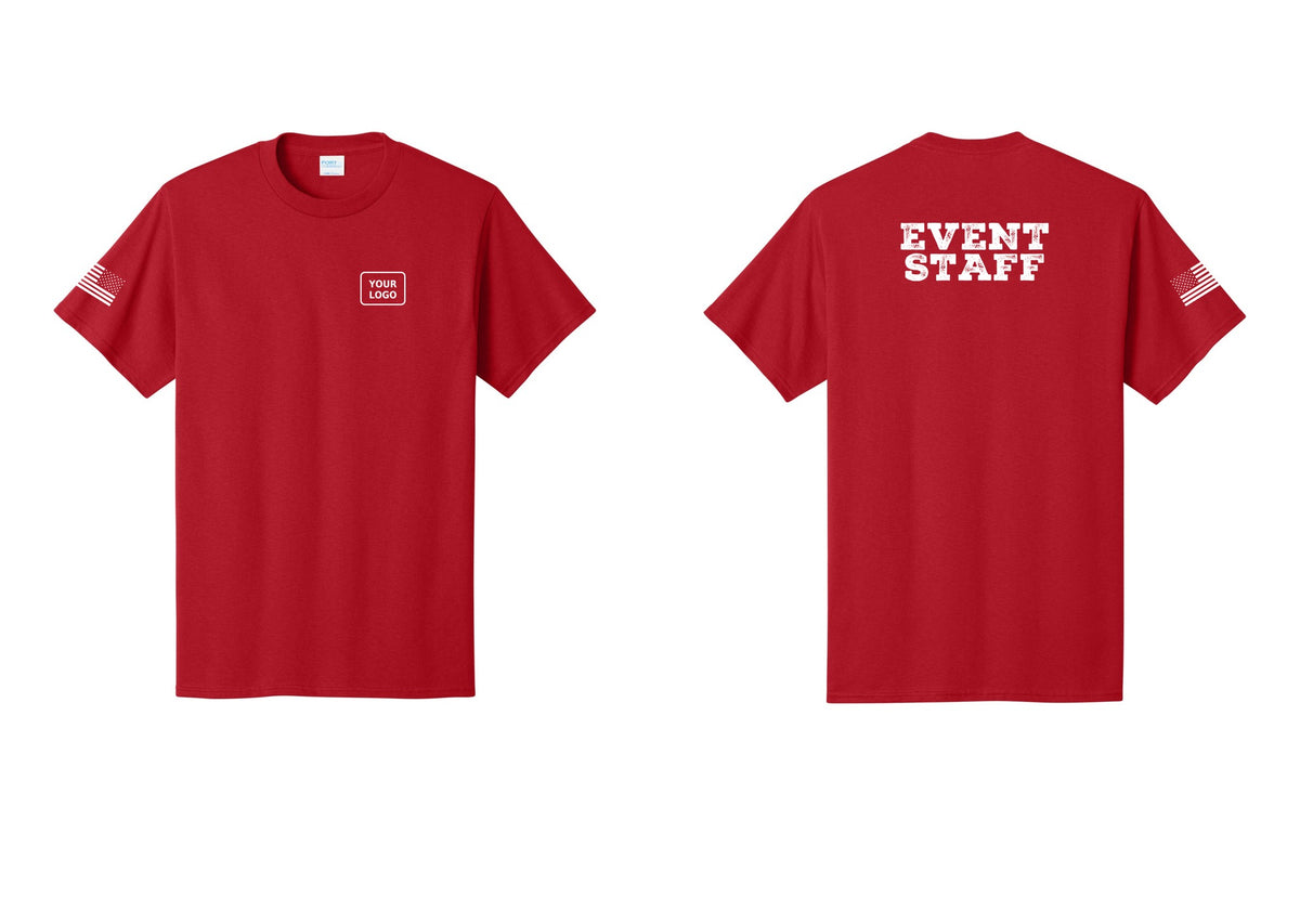 NYC Factory Custom Logo Event Staff T-Shirt - Your Logo + Back + US Flag Sleeve - Red