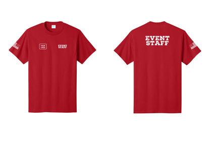 NYC Factory Custom Logo Event Staff T-Shirt - EVENT STAFF + Your Logo + Back + US Flag Sleeve - Red