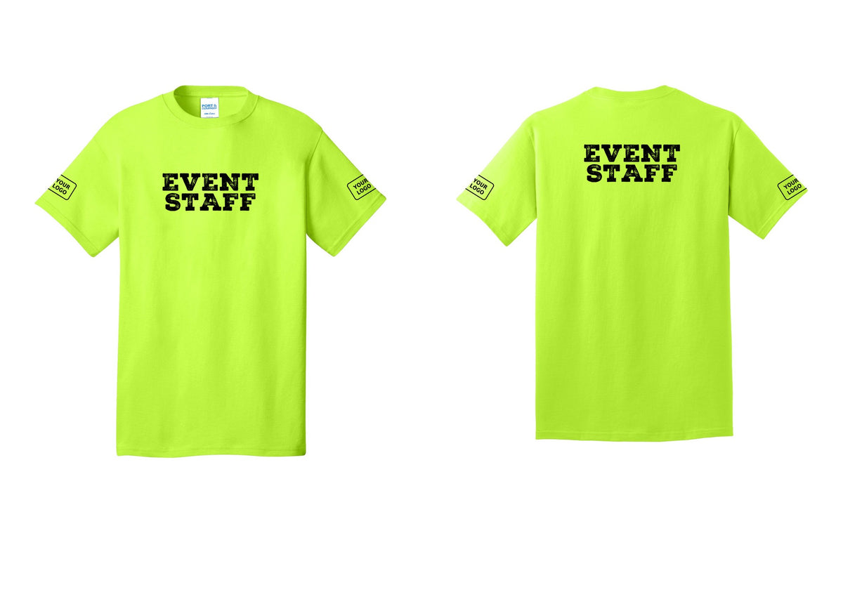 NYC Factory Custom Logo Event Staff T-Shirt - Front + Back + Your Logo Sleeves - Safety Green