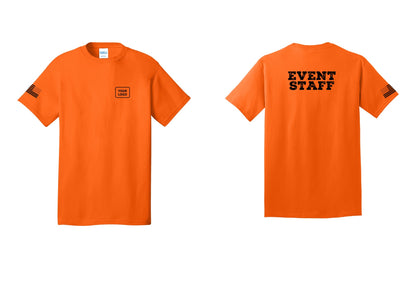 NYC Factory Custom Logo Event Staff T-Shirt - Your Logo + Back + US Flag Sleeve - Safety Orange