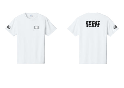 NYC Factory Custom Logo Event Staff T-Shirt - Your Logo + Back + US Flag Sleeve - White
