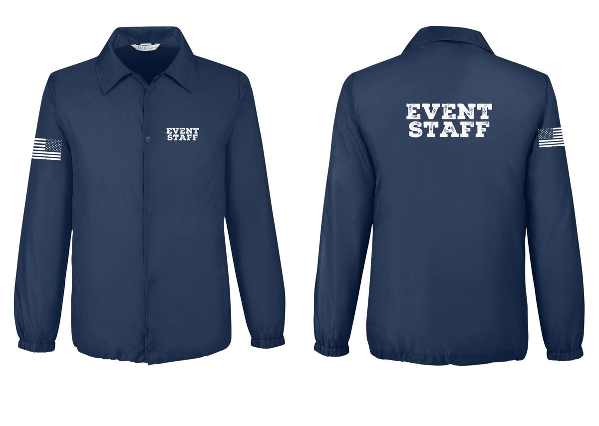NYC Factory Event Staff Snap-Front Coaches Jacket (Rustic) - Chest + Back + US Flag Sleeve - Sport Dark Navy