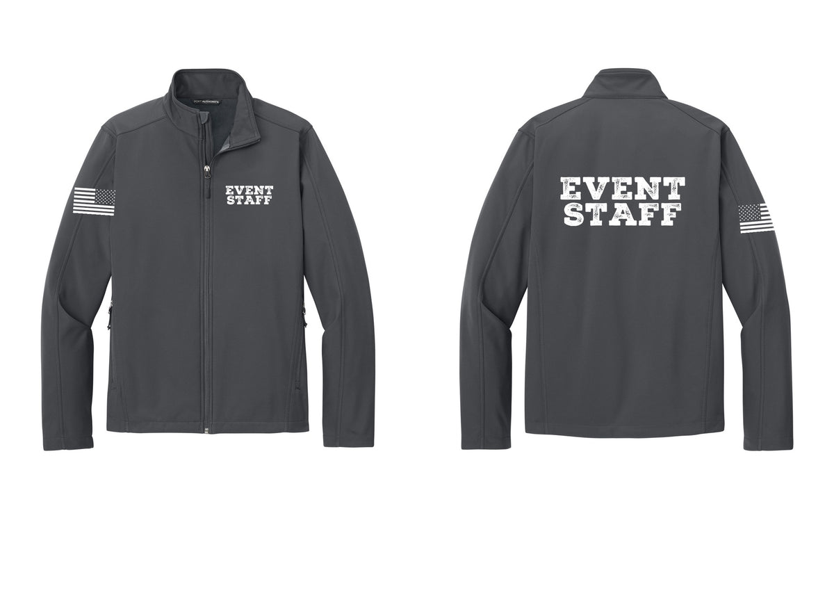 NYC Factory Event Staff Soft Shell Jacket (Rustic) - Chest + Back + US Flag Sleeve - Battleship Grey