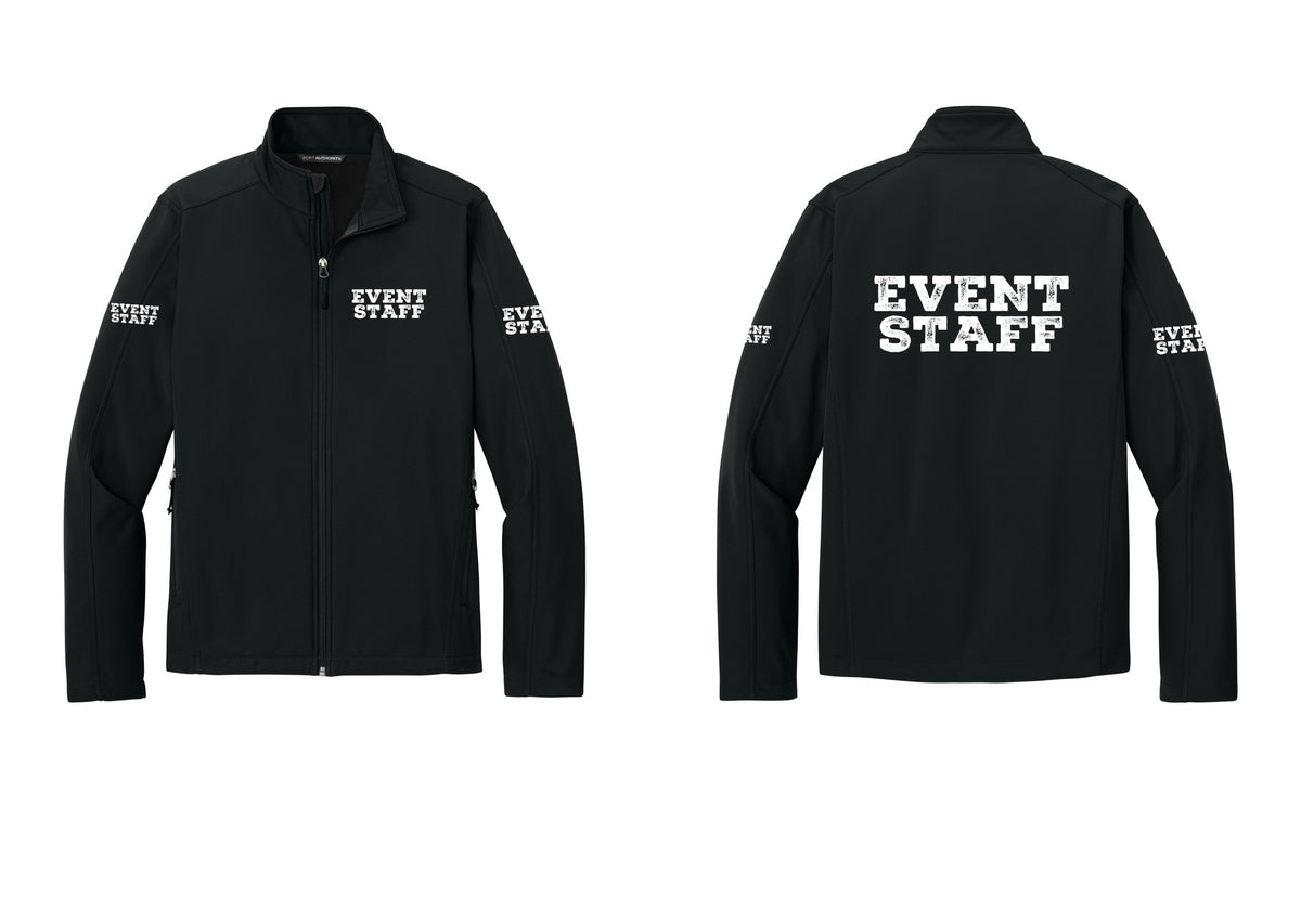 NYC Factory Event Staff Soft Shell Jacket (Rustic) - Chest + Back + Event Staff Sleeves - Black