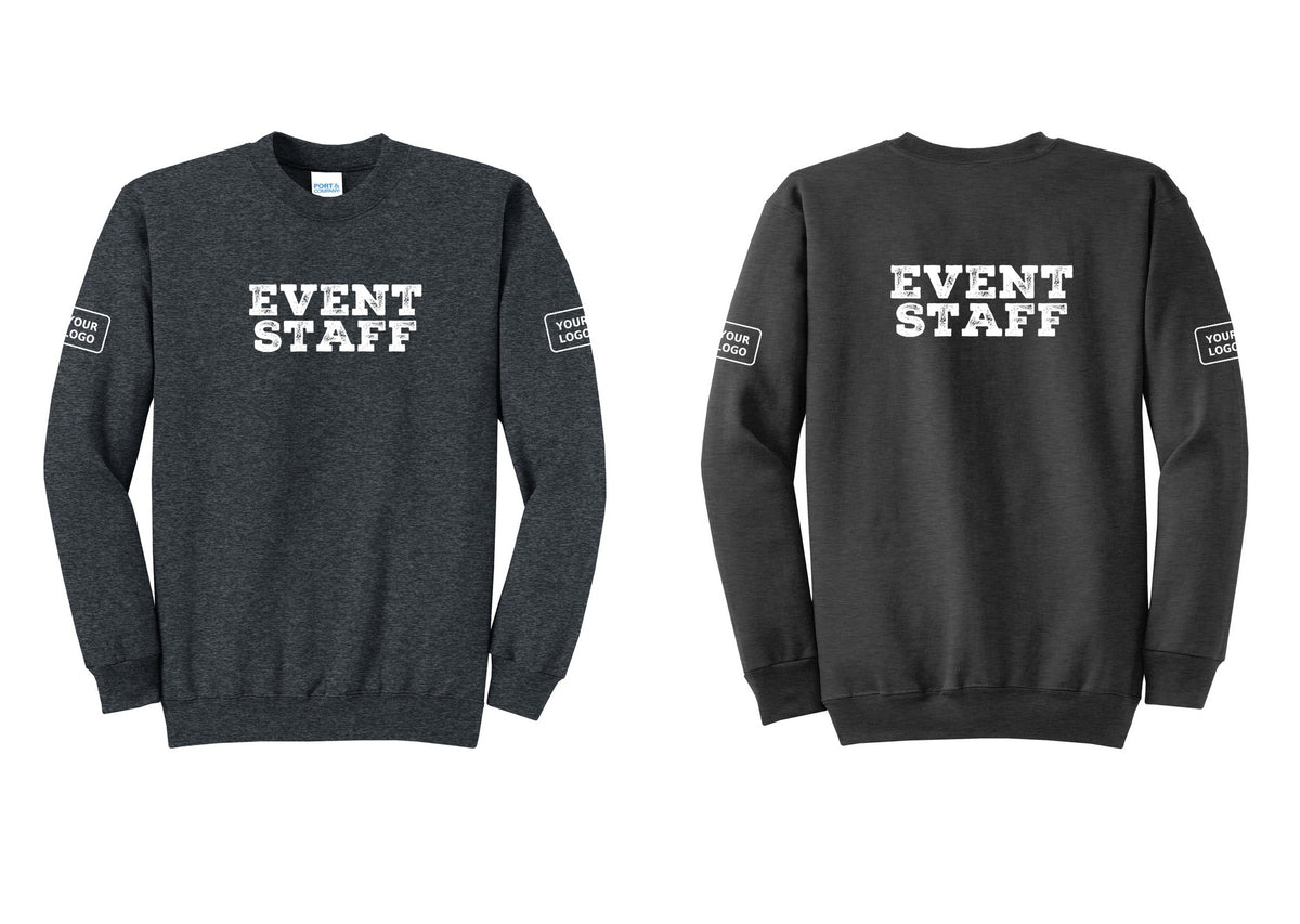 NYC Factory Custom Logo Event Staff Cotton Fleece Crewneck Sweatshirt (Rustic) - Front + Back + Your Logo Sleeves - Dark Heather Grey