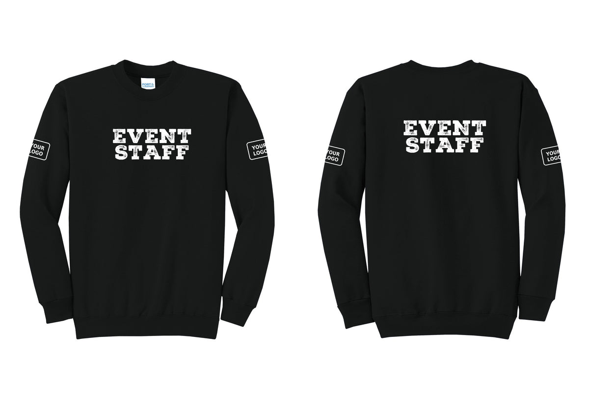 NYC Factory Custom Logo Event Staff Cotton Fleece Crewneck Sweatshirt (Rustic) - Front + Back + Your Logo Sleeves - Black