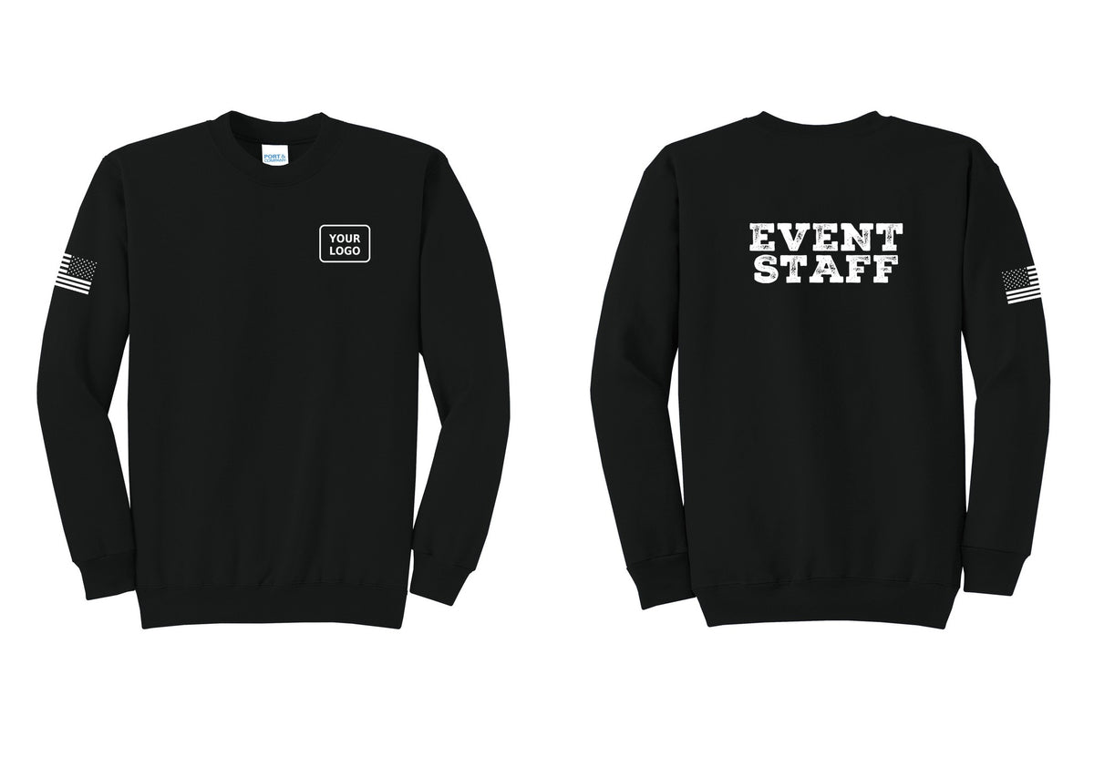 NYC Factory Custom Logo Event Staff Cotton Fleece Crewneck Sweatshirt (Rustic) - Your Logo + Back + US Flag Sleeve - Black