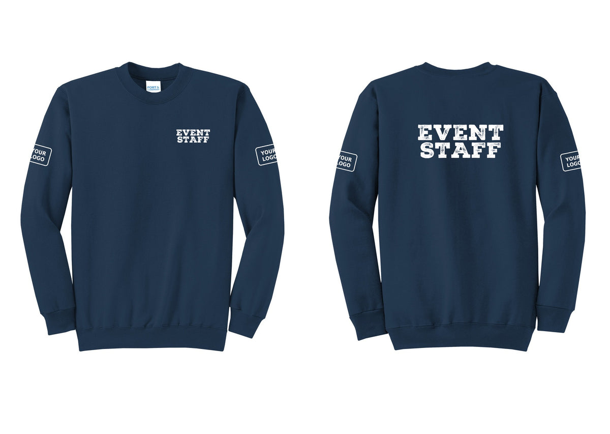 NYC Factory Custom Logo Event Staff Cotton Fleece Crewneck Sweatshirt (Rustic) - Chest + Back + Your Logo Sleeves - Navy