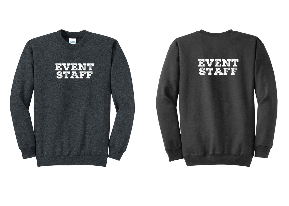 NYC Factory Event Staff Cotton Fleece Crewneck Sweatshirt (Rustic) - Front + Back - Dark Heather Grey