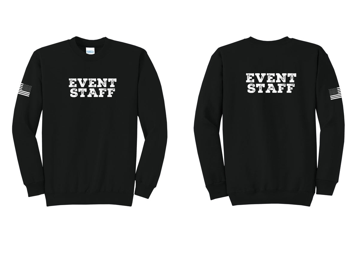 NYC Factory Event Staff Cotton Fleece Crewneck Sweatshirt (Rustic) - Front + Back + US Flag Sleeve - Black