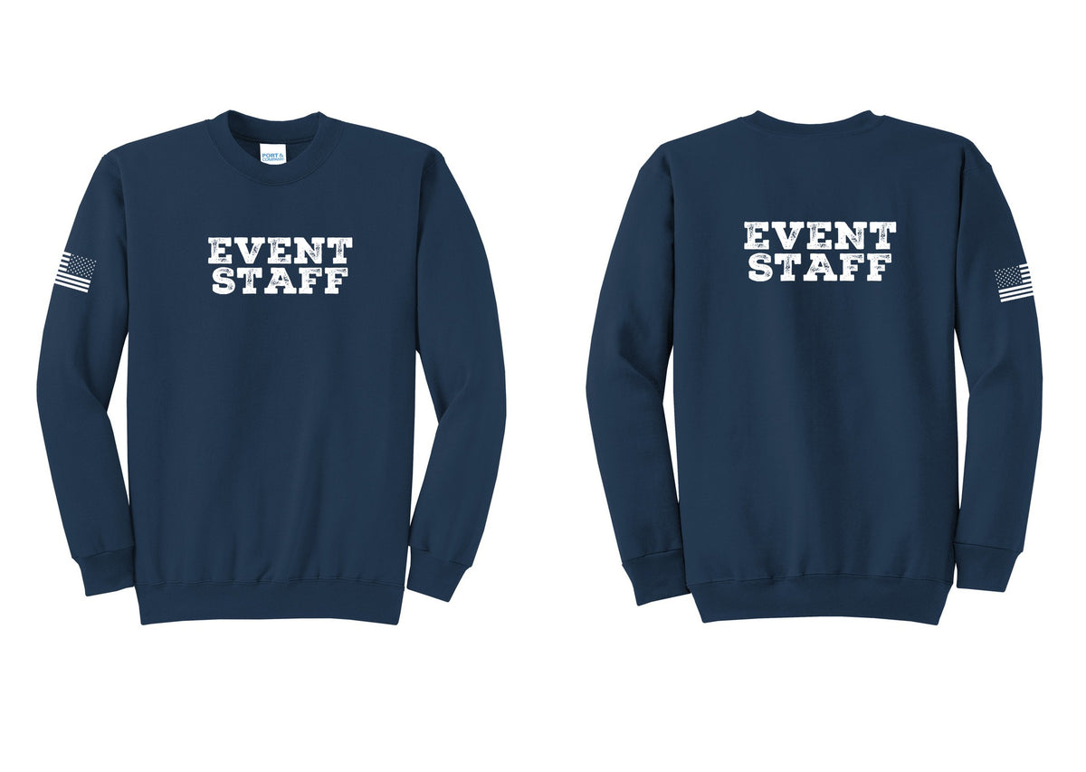 NYC Factory Event Staff Cotton Fleece Crewneck Sweatshirt (Rustic) - Front + Back + US Flag Sleeve - Navy