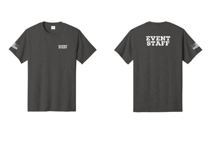 NYC Factory Event Staff T-Shirt - Chest + Back + US Flag Sleeve - Dark Heather Grey