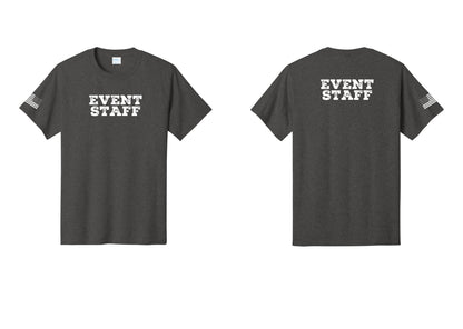 NYC Factory Event Staff T-Shirt - Front + Back + US Flag Sleeve - Dark Heather Grey