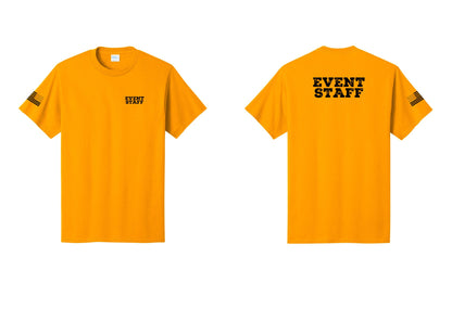 NYC Factory Event Staff T-Shirt - Chest + Back + US Flag Sleeve - Gold
