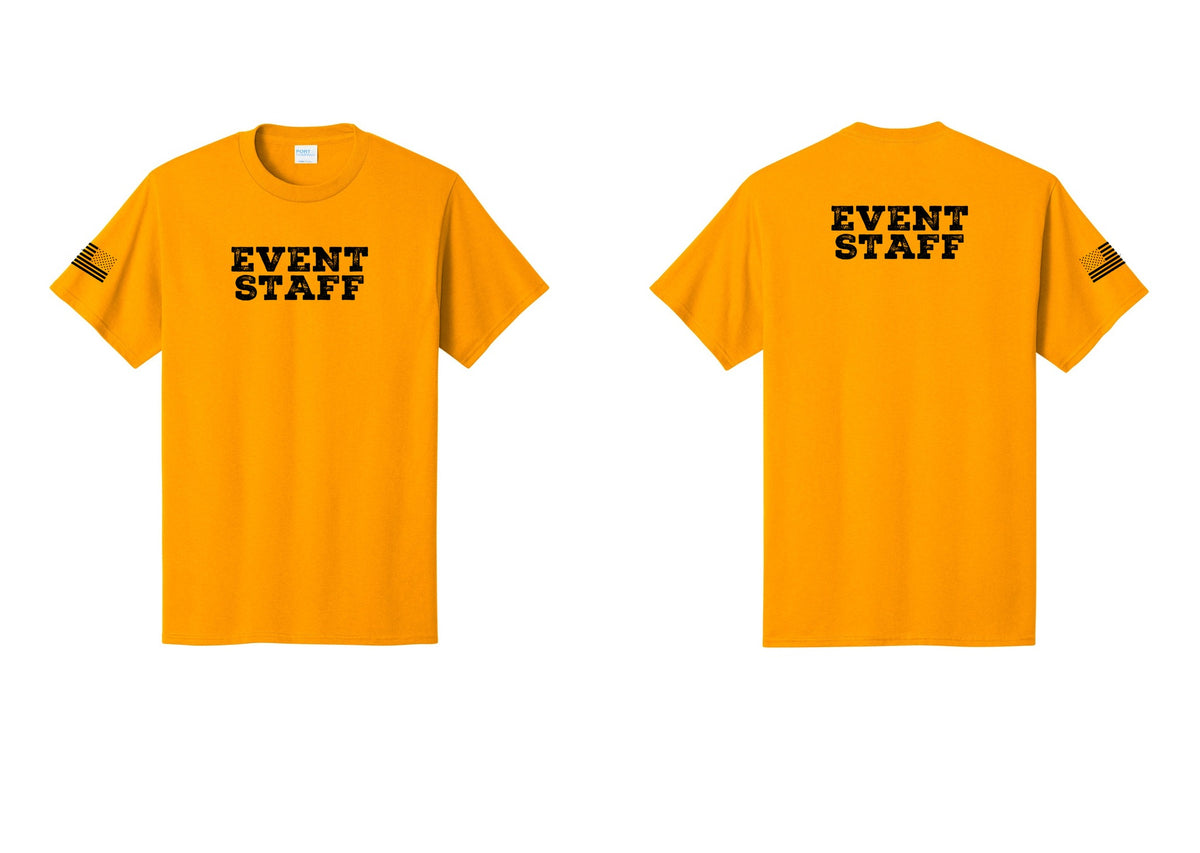 NYC Factory Event Staff T-Shirt - Front + Back + US Flag Sleeve - Gold