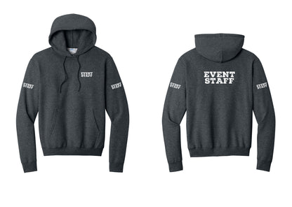 NYC Factory Event Staff Cotton Fleece Pullover Hoodie (Rustic) - Chest + Back + Event Staff Sleeves - Dark Heather Grey