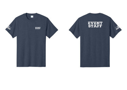 NYC Factory Event Staff T-Shirt - Chest + Back + US Flag Sleeve - Heather Navy