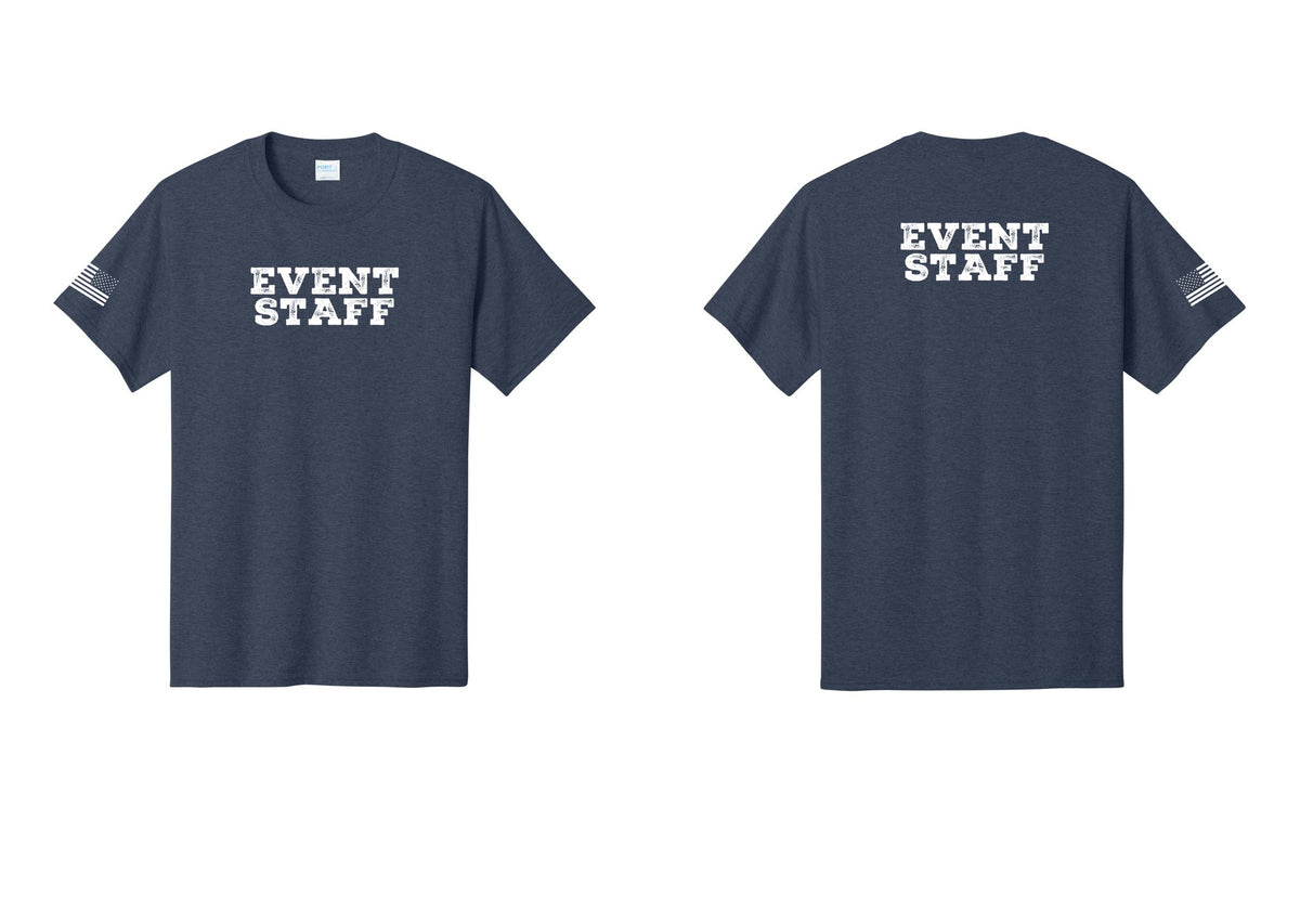 NYC Factory Event Staff T-Shirt - Front + Back + US Flag Sleeve - Heather Navy