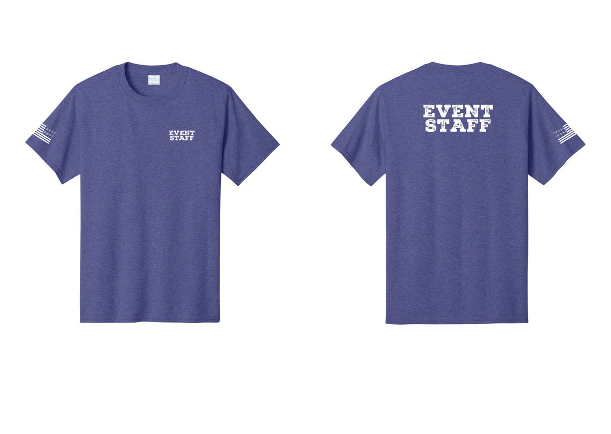 NYC Factory Event Staff T-Shirt - Chest + Back + US Flag Sleeve - Heather Purple
