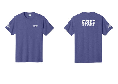 NYC Factory Event Staff T-Shirt - Chest + Back + US Flag Sleeve - Heather Purple