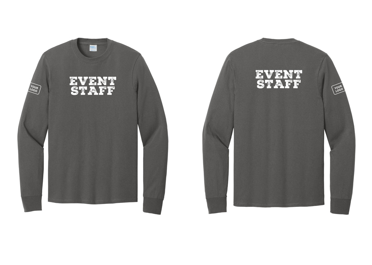 NYC Factory Custom Logo Event Staff Cotton Long Sleeve T-Shirt (Rustic) - Front + Back + Your Logo Sleeve - Charcoal