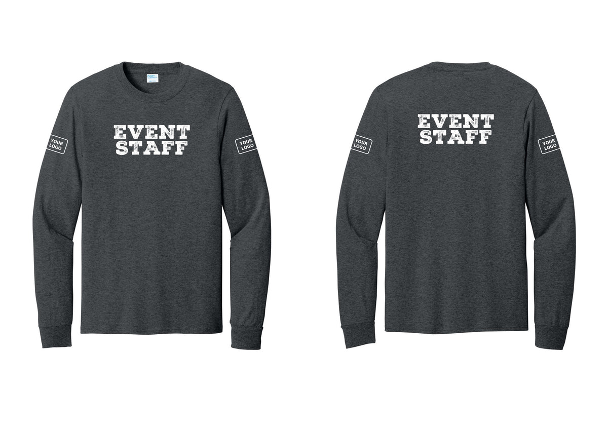 NYC Factory Custom Logo Event Staff Cotton Long Sleeve T-Shirt (Rustic) - Front + Back + Your Logo Sleeves - Dark Heather Grey