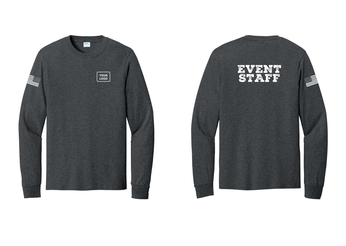 NYC Factory Custom Logo Event Staff Cotton Long Sleeve T-Shirt (Rustic) - Your Logo + Back + US Flag Sleeve - Dark Heather Grey