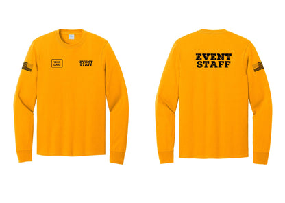 NYC Factory Custom Logo Event Staff Cotton Long Sleeve T-Shirt (Rustic) - EVENT STAFF + Your Logo + Back + US Flag Sleeve - Gold