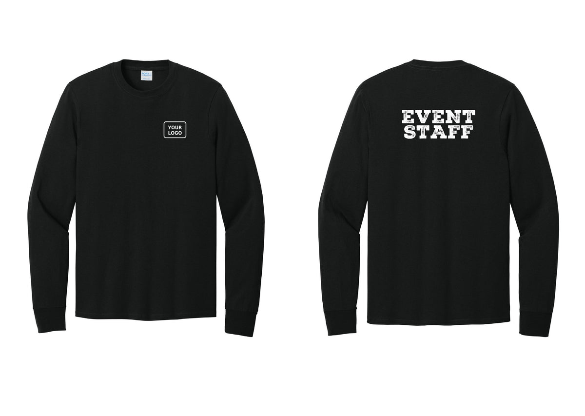 NYC Factory Custom Logo Event Staff Cotton Long Sleeve T-Shirt (Rustic) - Your Logo + Back - Black