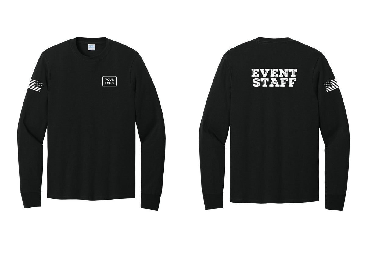 NYC Factory Custom Logo Event Staff Cotton Long Sleeve T-Shirt (Rustic) - Your Logo + Back + US Flag Sleeve - Black