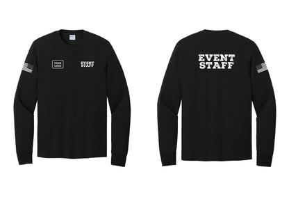 NYC Factory Custom Logo Event Staff Cotton Long Sleeve T-Shirt (Rustic) - EVENT STAFF + Your Logo + Back + US Flag Sleeve - Black