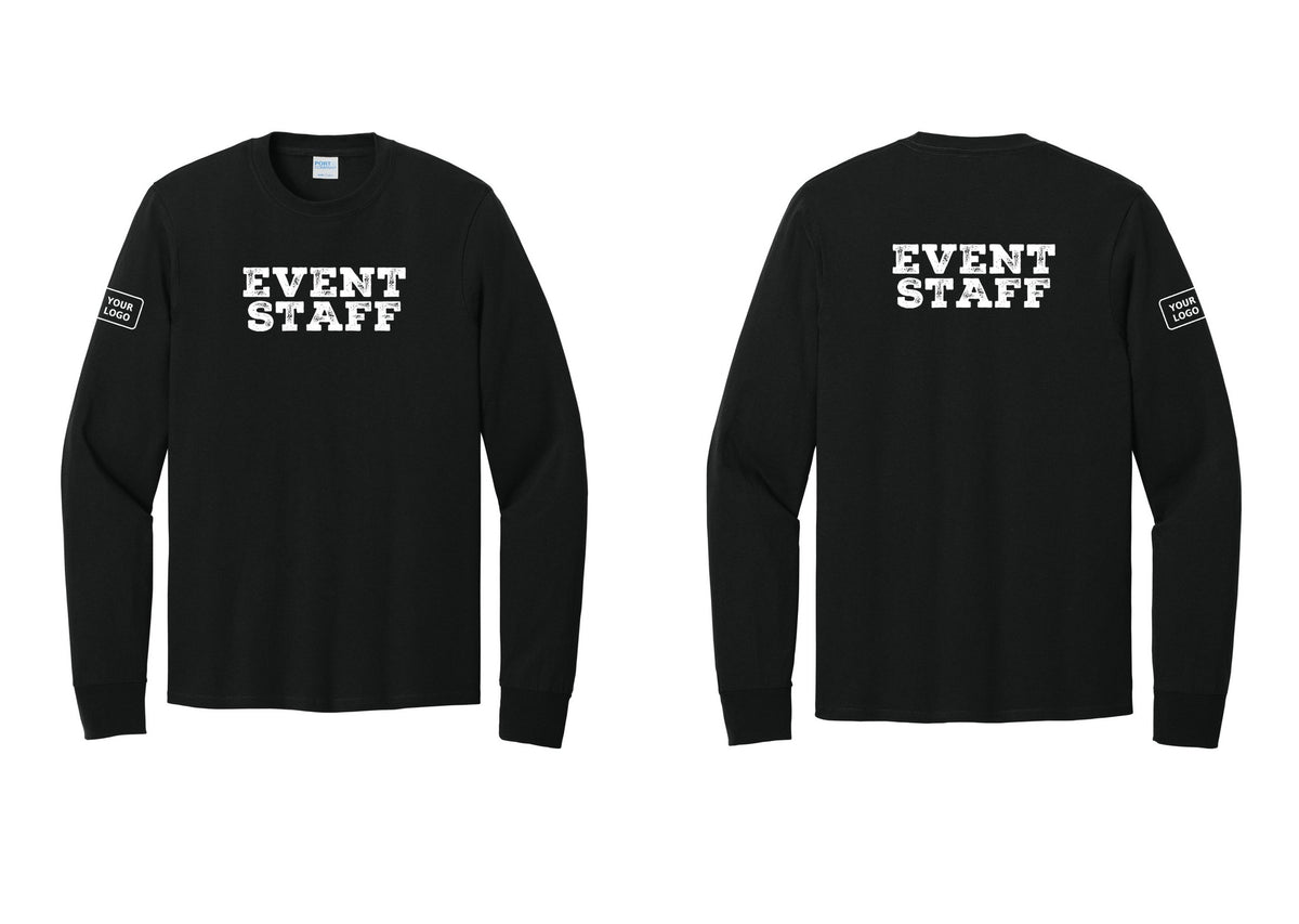 NYC Factory Custom Logo Event Staff Cotton Long Sleeve T-Shirt (Rustic) - Front + Back + Your Logo Sleeve - Black