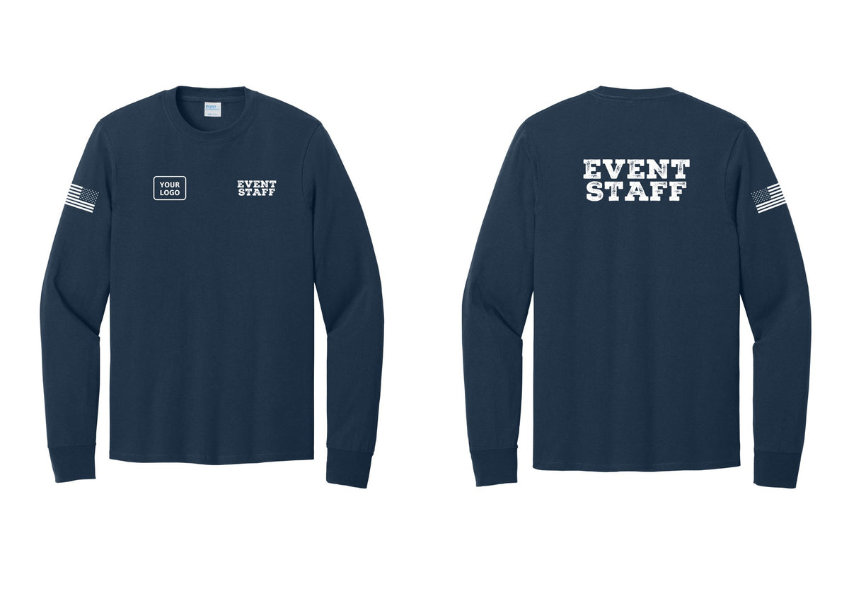 NYC Factory Custom Logo Event Staff Cotton Long Sleeve T-Shirt (Rustic) - EVENT STAFF + Your Logo + Back + US Flag Sleeve - Navy