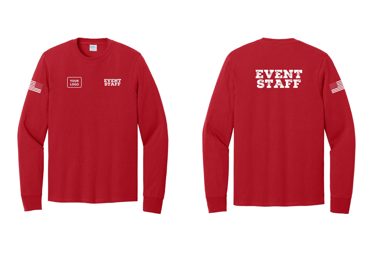 NYC Factory Custom Logo Event Staff Cotton Long Sleeve T-Shirt (Rustic) - EVENT STAFF + Your Logo + Back + US Flag Sleeve - Red