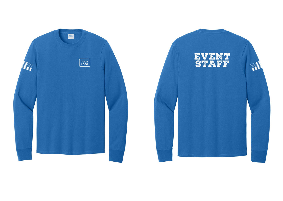 NYC Factory Custom Logo Event Staff Cotton Long Sleeve T-Shirt (Rustic) - Your Logo + Back + US Flag Sleeve - Royal