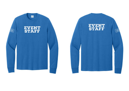 NYC Factory Custom Logo Event Staff Cotton Long Sleeve T-Shirt (Rustic) - Front + Back + Your Logo Sleeve - Royal