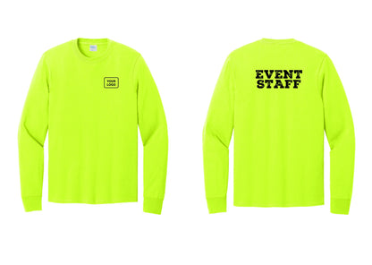 NYC Factory Custom Logo Event Staff Cotton Long Sleeve T-Shirt (Rustic) - Your Logo + Back - Safety Green