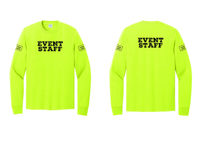 NYC Factory Custom Logo Event Staff Cotton Long Sleeve T-Shirt (Rustic) - Front + Back + Your Logo Sleeves - Safety Green