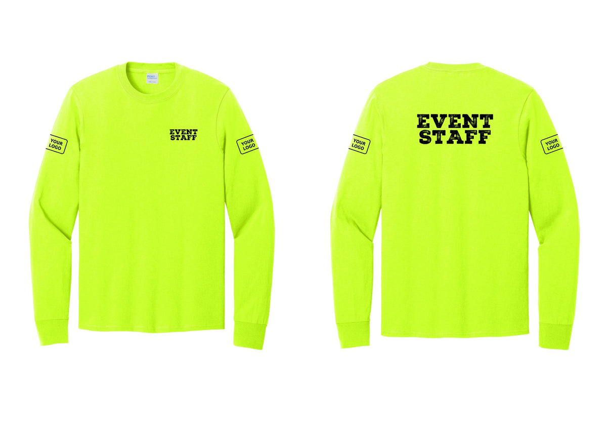 NYC Factory Custom Logo Event Staff Cotton Long Sleeve T-Shirt (Rustic) - Chest + Back + Your Logo Sleeves - Safety Green