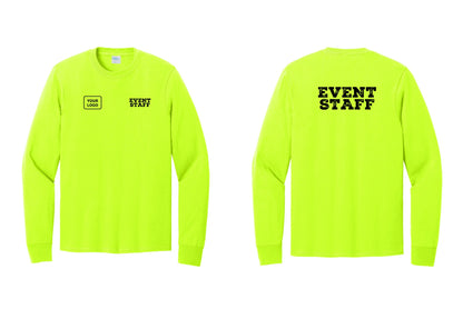 NYC Factory Custom Logo Event Staff Cotton Long Sleeve T-Shirt (Rustic) - EVENT STAFF + Your Logo + Back - Safety Green