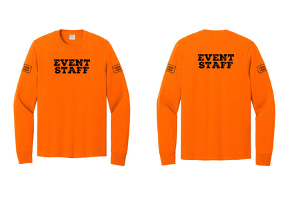 NYC Factory Custom Logo Event Staff Cotton Long Sleeve T-Shirt (Rustic) - Front + Back + Your Logo Sleeves - Safety Orange
