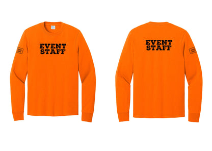 NYC Factory Custom Logo Event Staff Cotton Long Sleeve T-Shirt (Rustic) - Front + Back + Your Logo Sleeve - Safety Orange