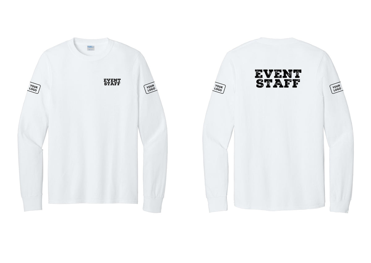 NYC Factory Custom Logo Event Staff Cotton Long Sleeve T-Shirt (Rustic) - Chest + Back + Your Logo Sleeves - White