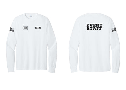 NYC Factory Custom Logo Event Staff Cotton Long Sleeve T-Shirt (Rustic) - EVENT STAFF + Your Logo + Back + US Flag Sleeve - White