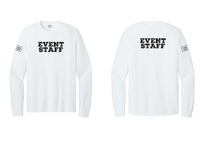 NYC Factory Custom Logo Event Staff Cotton Long Sleeve T-Shirt (Rustic) - Front + Back + Your Logo Sleeve - White
