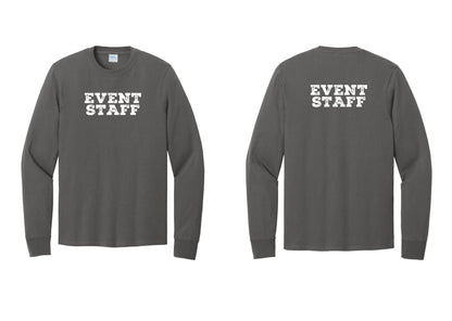 NYC Factory Event Staff Cotton Long Sleeve T-Shirt (Rustic) - Front + Back - Charcoal