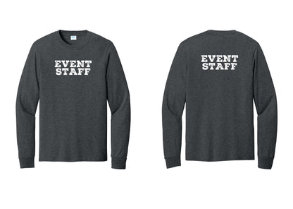 NYC Factory Event Staff Cotton Long Sleeve T-Shirt (Rustic) - Front + Back - Dark Heather Grey