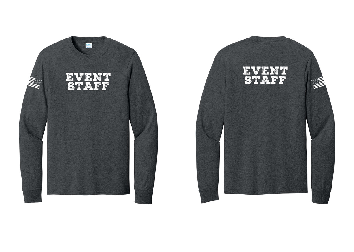 NYC Factory Event Staff Cotton Long Sleeve T-Shirt (Rustic) - Front + Back + US Flag Sleeve - Dark Heather Grey