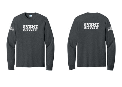 NYC Factory Event Staff Cotton Long Sleeve T-Shirt (Rustic) - Front + Back + US Flag Sleeve - Dark Heather Grey